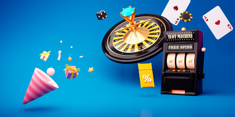Online casino. 3D realistic roulette wheel and slot machine on blue background. Festive cracker with a stars, gold balloons and confetti, flying coupons, chip, aces, star. 3d rendering illustration