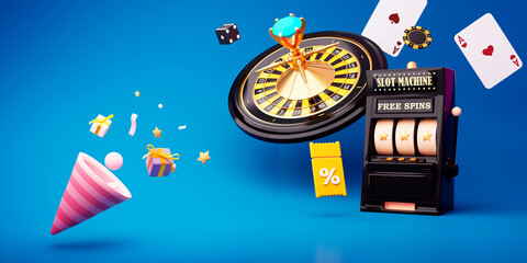 Fototapeta premium Online casino. 3D realistic roulette wheel and slot machine on blue background. Festive cracker with a stars, gold balloons and confetti, flying coupons, chip, aces, star. 3d rendering illustration