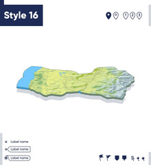 O'Higgins, Chile - map with shaded relief, land cover, rivers, mountains. Biome map with shadow.