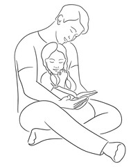 Vector sketch illustration of a dad reading a book to his daughter. Parent and child, happy family concept