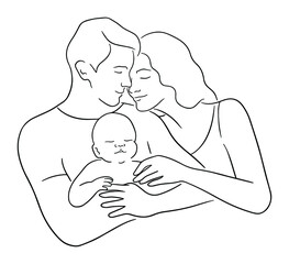 Vector sketch illustration of dad and mom holds newborn baby. Parent and infant child, happy family concept