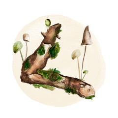 Dry branch with moss and mushrooms watercolor collage. Template for decorating designs and illustrations.