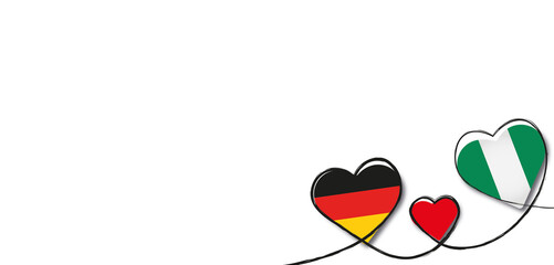Drei Herzen in den Farben von Deutschland und Nigeria