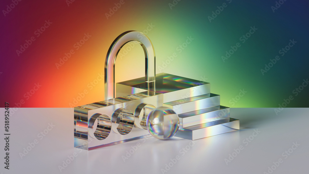 Poster 3d render, abstract colorful background with geometric glass shapes illuminated with red light. mode