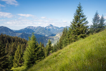 Fototapeta na wymiar Beautiful mountain view at sunny day under blue sky with sun light at summer.