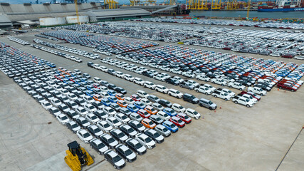 Many new cars parking before shipping to Dealer Customer, Care shipping to Ro-Ro Ship for import...