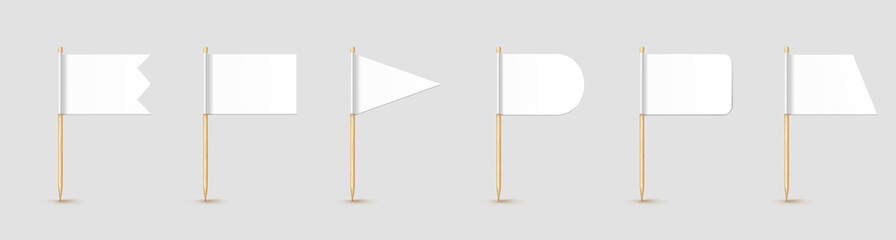 Toothpick flags isolated on wood stick with white paper. Realistic little tooth pick for lunch. Vector cocktail decoration