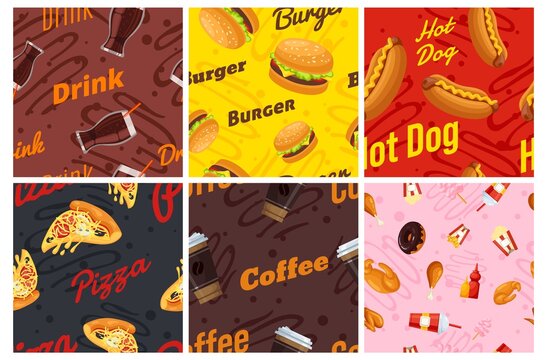 Fast food seamless pattern set vector flat illustration. Soda drink coffee burger hot dog pizza