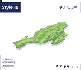 Nagaland, India - map with shaded relief, land cover, rivers, mountains. Biome map with shadow.