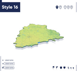 Telangana, India - map with shaded relief, land cover, rivers, mountains. Biome map with shadow.
