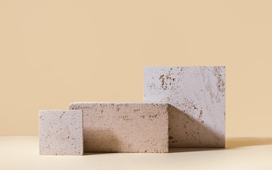Abstract modern still life. Natural materials. Composition of travertine and concrete blocks.
