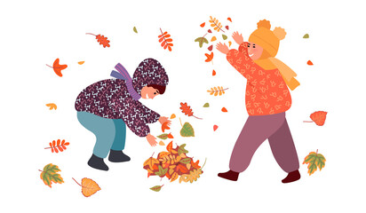 Autumn background with kids characters and falling leaves.Happy little kids are actively playing with colorful foliage.Vector flat isolated illustration for design card,poster,banner,brochure.