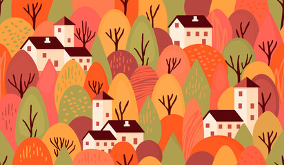 Autumn landscape with trees and houses.Seamless floral pattern in yellow,orange,red and green colors.Endless background and texture for printing on fabric and paper.Vector flat cartoon illustration.