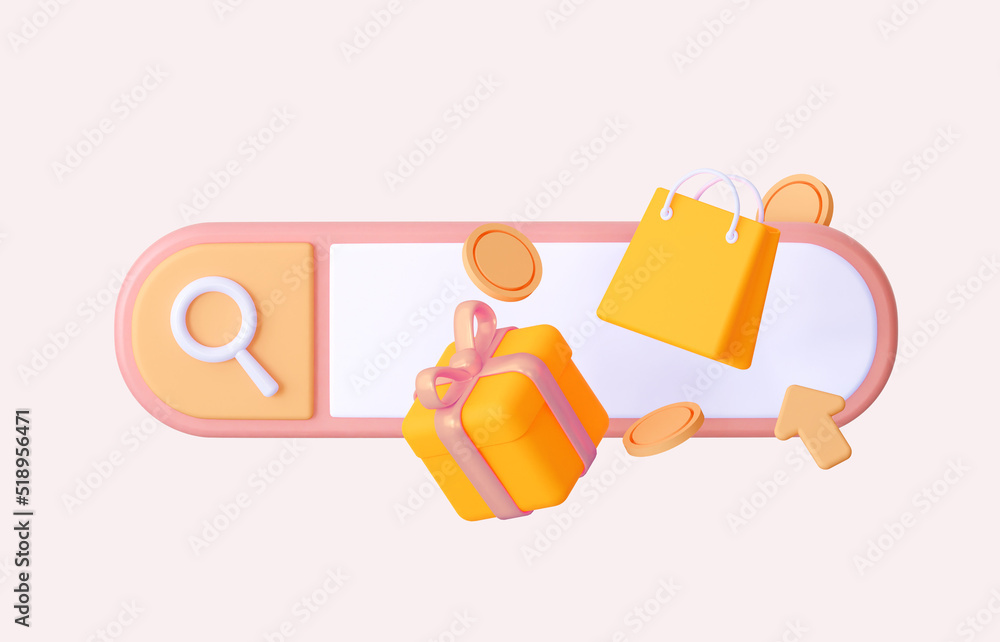 Aufkleber navigation search for browser with a gift and a package. the concept of an online online store and s