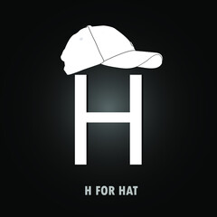 H for Hat text with white silhouette of hat sign. isolated on gradient black background. eps10.