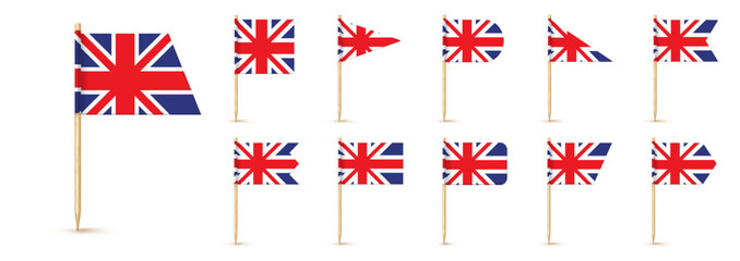 United kindom toothpick flag isolated on wood stick with white paper. Great Britain Realistic little tooth pick for lunch. Vector cocktail decoration