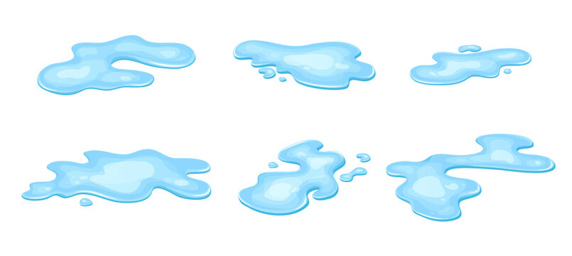 Set of water puddle, liquid cartoon style. Drop isolated on white background. Blue split, splash on floor. Vector illustration