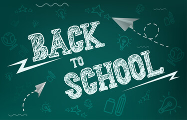 Fototapeta premium Back to school banner. Decorated with white education icons. on the dark background of the blackboard. vector illustration concept school and students