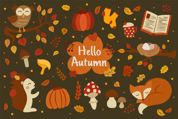 Cartoon collection of fall season vector elements. Hello autumn vector banner