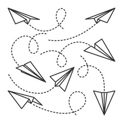 Various hand drawn paper planes. Black doodle airplanes with dotted route line. Aircraft icon, simple monochrome plane silhouettes. Outline, line art. Vector illustration.