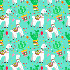 Cute lama alpaca in celebrate style with cactuses, vector seamless pattern © Vika92