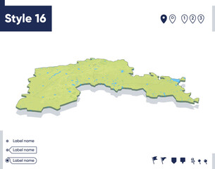 Obraz premium North Kazakhstan, Kazakhstan - map with shaded relief, land cover, rivers, mountains. Biome map with shadow.