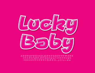 Vector cute card Lucky Baby. Pink handwritten Font. Bright Alphabet Letters, Numbers and Symbols set