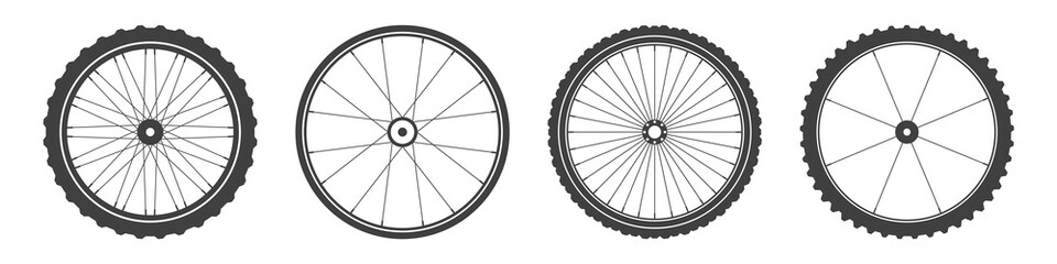 Black bicycle wheel symbols collection. Bike rubber tyre silhouettes. Fitness cycle, road and mountain bike. Vector illustration.