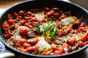 Shakshuka - fried eggs with sausages and vegetables in frying pan
