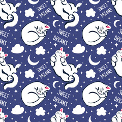 sweet dreams seamless pattern with cute sleeping cats. Night vector background for textiles, clothes, wrapping paper