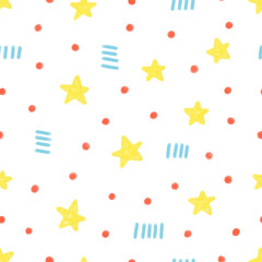 Simple cute children's vector pattern on a white background. Asterisks, dot circles and sticks in watercolor Scandinavian style for textiles, decor, interior, wrappers, postcards, backgrounds