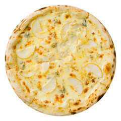 Pizza with pears and Gorgonzola cheese top view isolated on white background