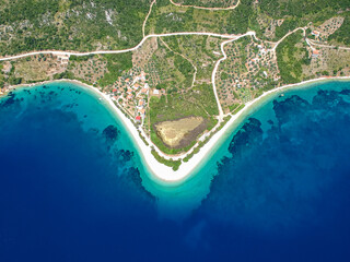 Aerial top down view of the iconic beach Agios Dimitrios in Alonissos island, Greece