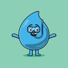 Cute cartoon water drop diver with swimming glass in flat modern style design