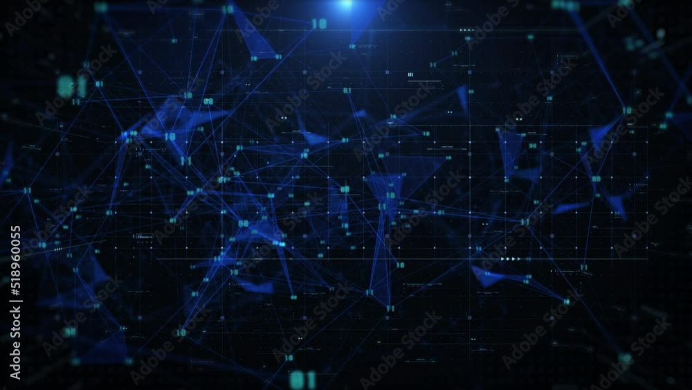 Poster Futuristic Technology Background Design. Plexus Digital Blue Color Dots, Line, Triangle, Binary Number Data Flowing Connection Structure on HUD System. Abstract 3D 4K Motion Loop.