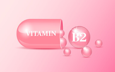 Capsule vitamin B2 structure pink and white with circular bubbles flowing out. Beauty concept. Personal care. 3D Vector Illustration. transparent capsule pill. Drug business concept.