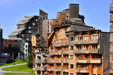 Avoriaz mountain resort, with strange wooden buildings, Portes du Soleil region , Alps Mountains, France - obrazy, fototapety, plakaty