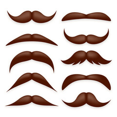 Various brown mustache collection. Vintage, retro mustaches. Facial hair, hipster beard. Vector illustration