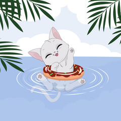 Uroczy mały biały kotek w kole do pływania, bawiący się w wodzie. Wektorowa ilustracja zadowolonego, rozbawionego kota. Słodki, zabawny zwierzak. Letnia, wakacyjna ilustracja.