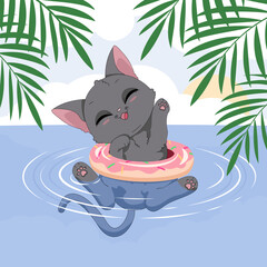 Uroczy mały szary kotek w kole do pływania, bawiący się w wodzie. Wektorowa ilustracja zadowolonego, rozbawionego kota. Słodki, zabawny zwierzak. Letnia, wakacyjna ilustracja. - obrazy, fototapety, plakaty