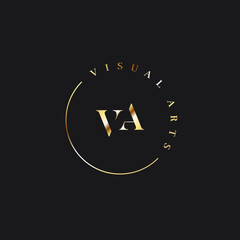 VA letters rounded logo. Gold VA logo on black