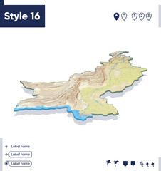 Pakistan - map with shaded relief, land cover, rivers, mountains. Biome map with shadow.