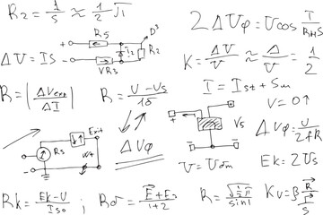 radio engineering schemes. electronic formulas and expressions. scientific and educational background. hand-drawn. vector..