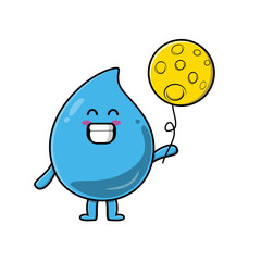 Cute cartoon water drop floating with moon balloon cartoon vector illustration 