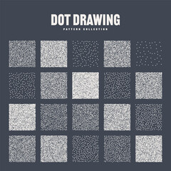 Square shaped dotted objects, stipple elements. Stippling, dotwork drawing, shading using dots. Pixel disintegration, halftone effect. White noise grainy texture, pattern. Vector illustration