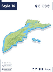 Kamchatka Territory, Russia - map with shaded relief, land cover, rivers, mountains. Biome map with shadow.
