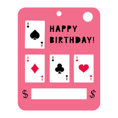 Celebration blank with Happy Birthday letters. Money postcard mock up with place for money. Greeting card with playing card illustration, funny design. Vector.