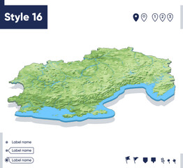 Magadan Region, Russia - map with shaded relief, land cover, rivers, mountains. Biome map with shadow.