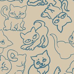 Cute cats pattern for wallpaper, wrapping paper, textile fabric print, pet shop, baby shower, kids room, children theme background. Decorative colourful hand drawn illustration.  Line vector drawing.