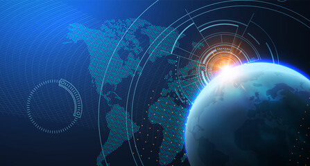 Interface design. Futuristic background with Earth planet, World map, techno screen elements and light effects.